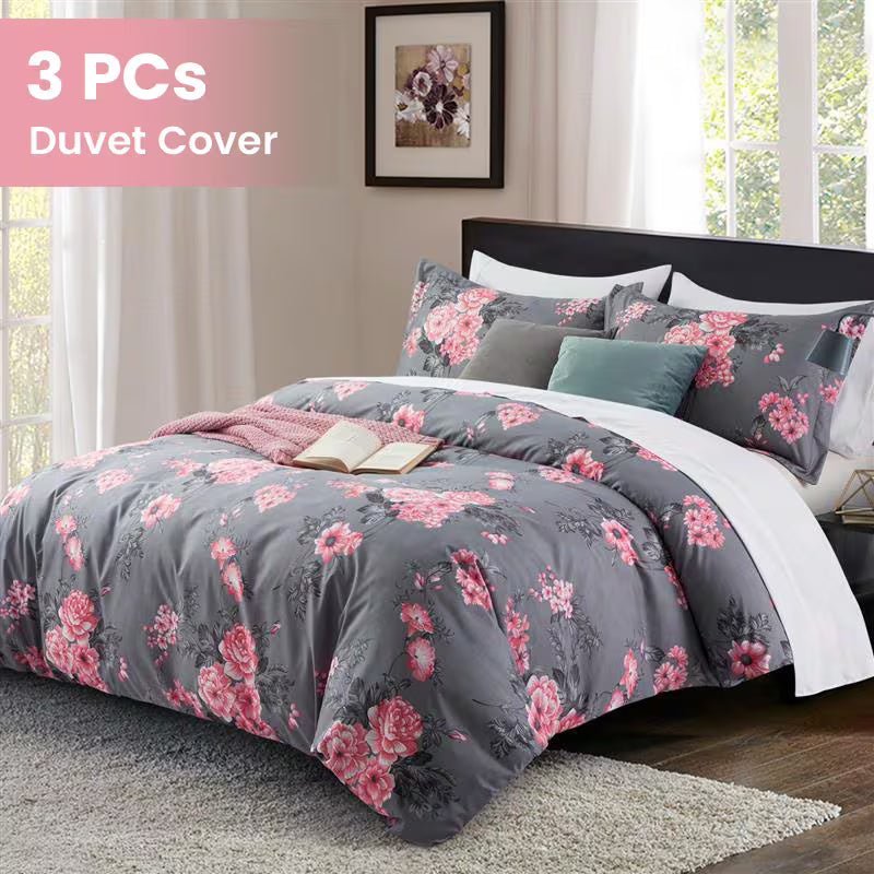 Grey Floral Printed Duvet Cover Set,