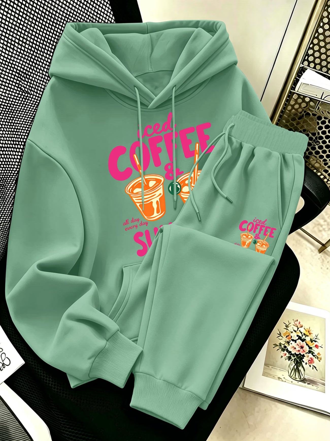 Plus Size Coffee & Dessert Print Hoodie & Pants Set — Vibrant Cute Design