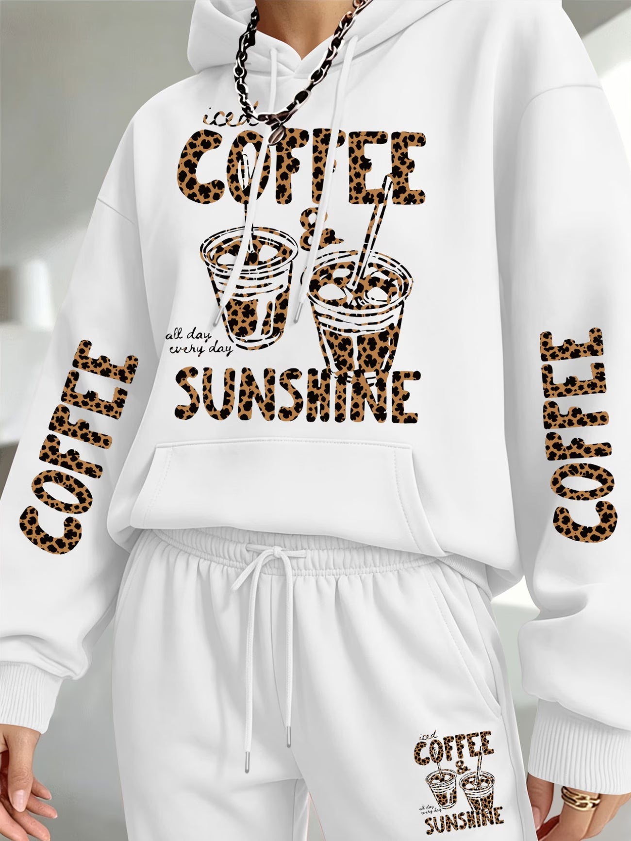 Women's 'Coffee & Sunshine' Leopard Print Hoodie & Jogger Set