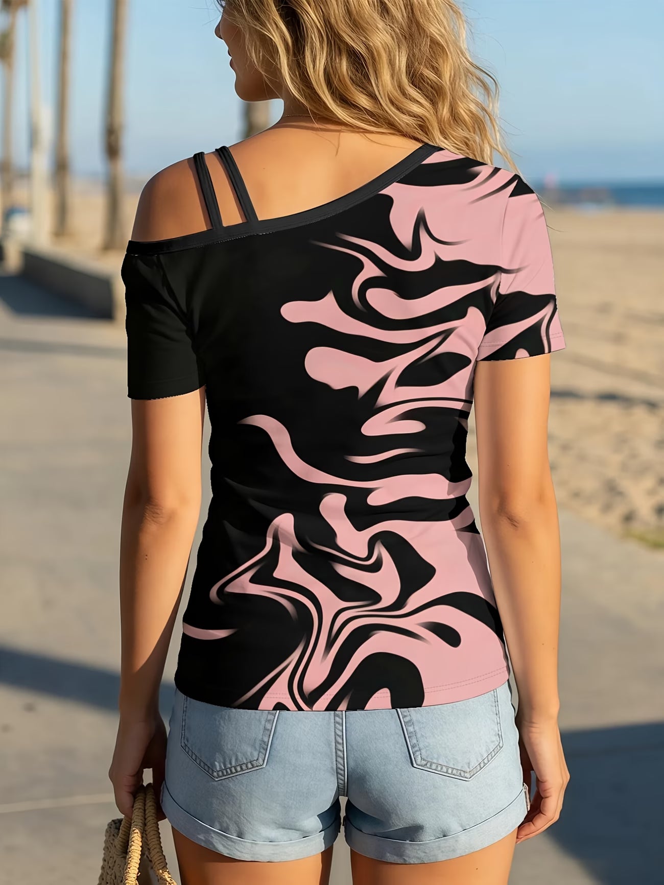 Women's Pink & Black Liquid Suitable for Dating Asymmetrical One-Shoulder T-Shirt