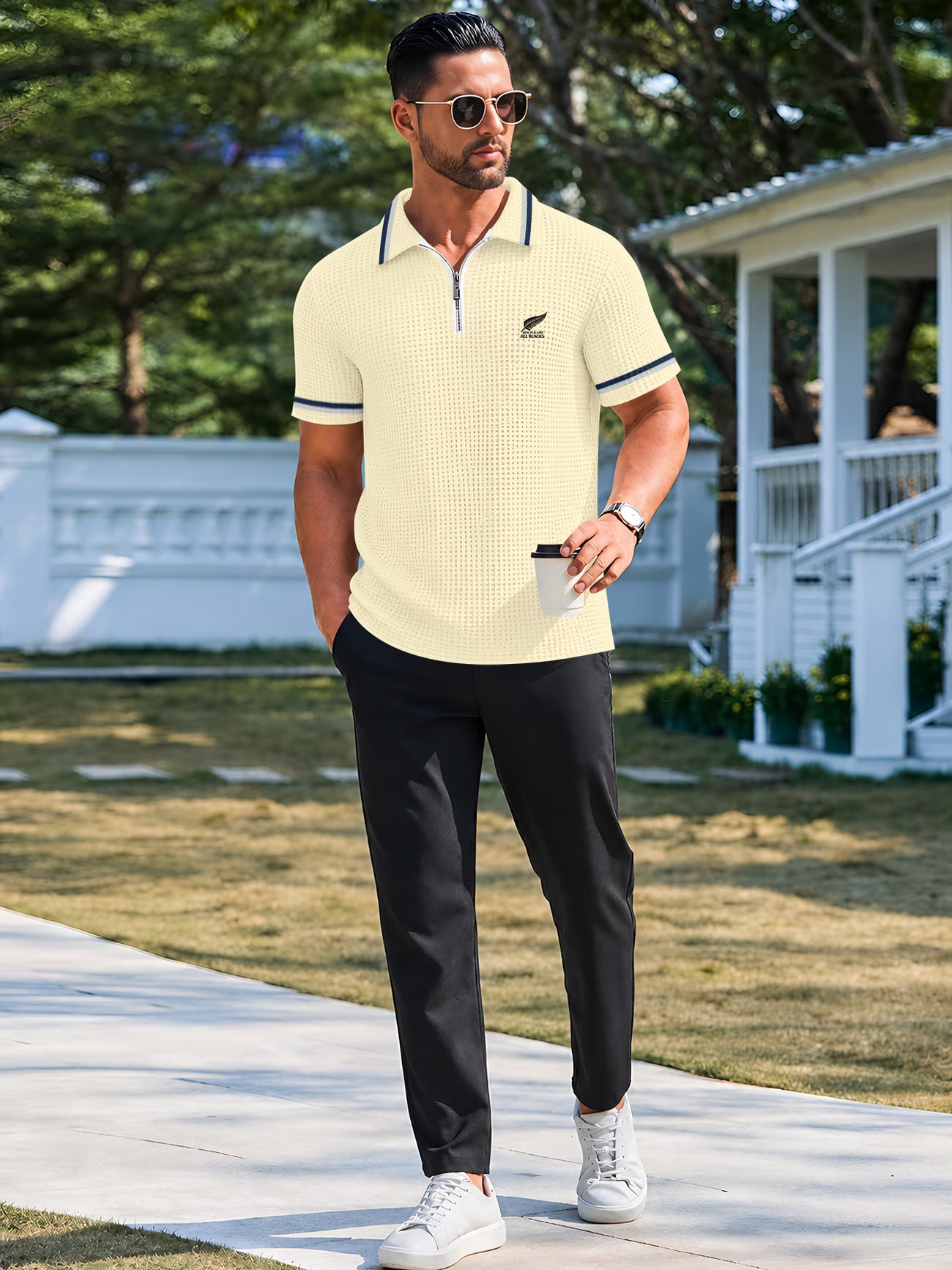 Men's Waffle-Knit Quarter-Zip Polo Shirt