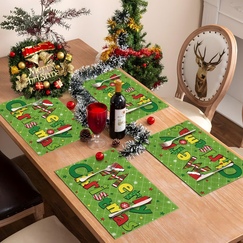 Christmas Table Mats – Set of 8 | Green Cartoon 'Merry Christmas' Placemats for Indoor & Outdoor Use