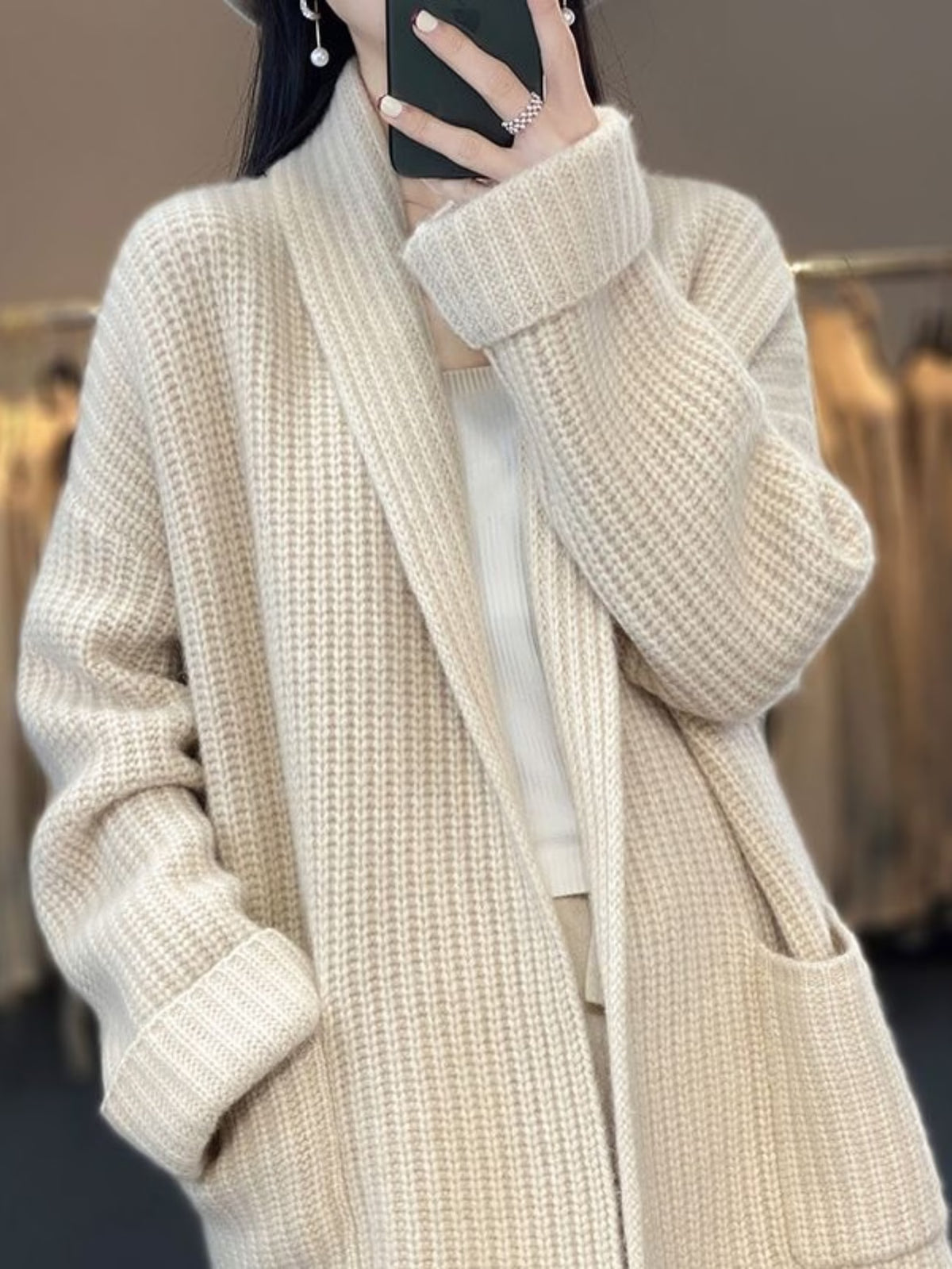 Women's Shawl Collar Waffle Knit Cardigan – Open Front Mid-Length with Pockets