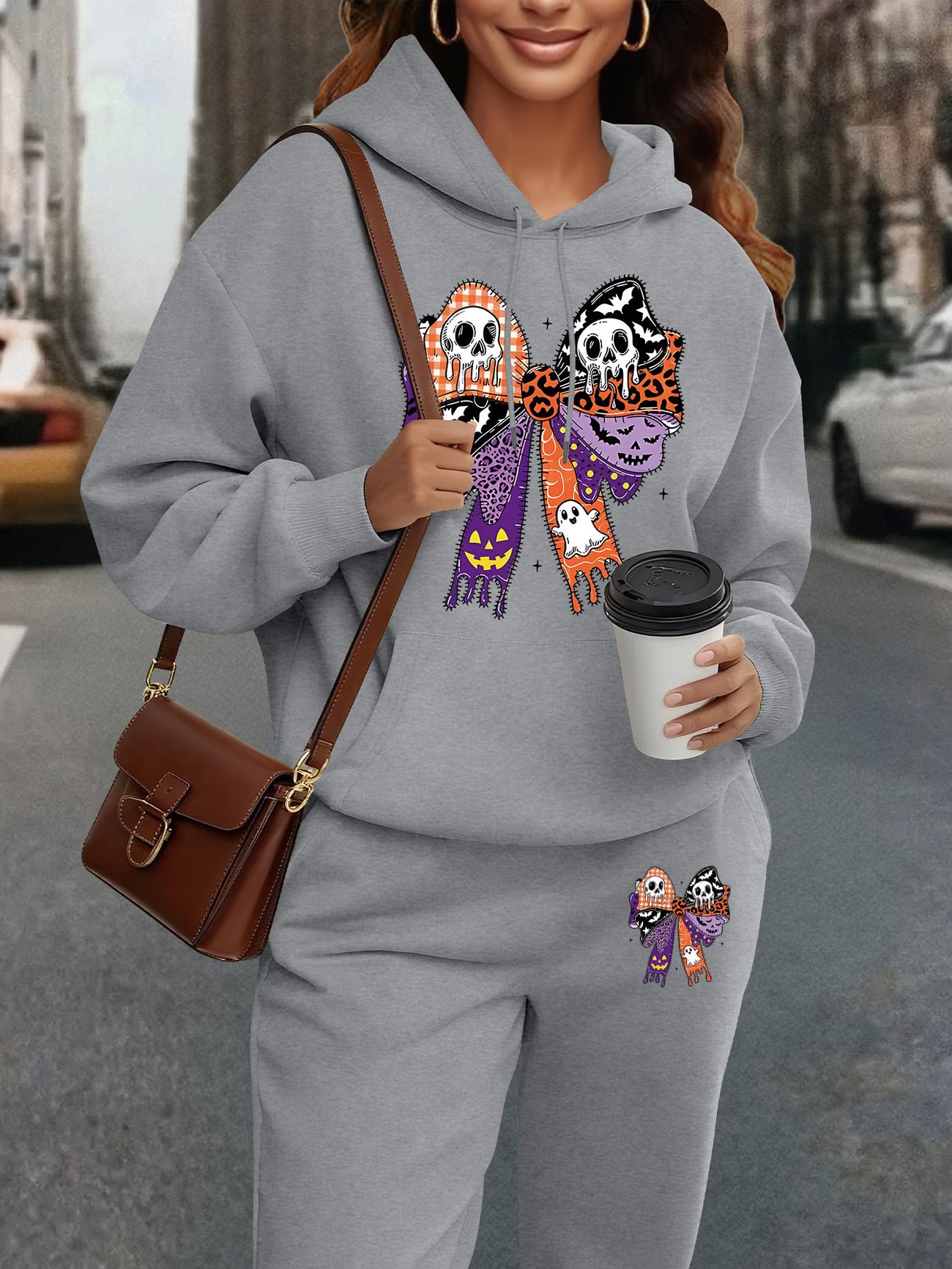 Plus Size Halloween Oversized Hoodie & Sweatpants Set — Creative Bow Print