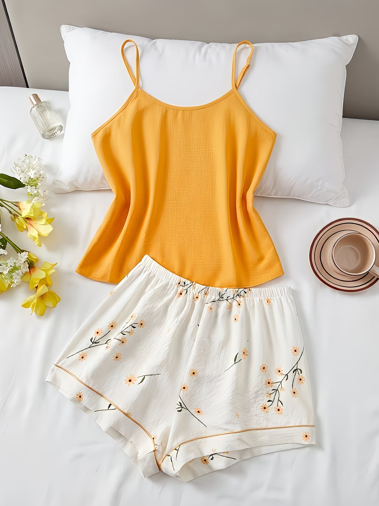 Yellow & Light White Micro-Elastic Short Home Wear Set