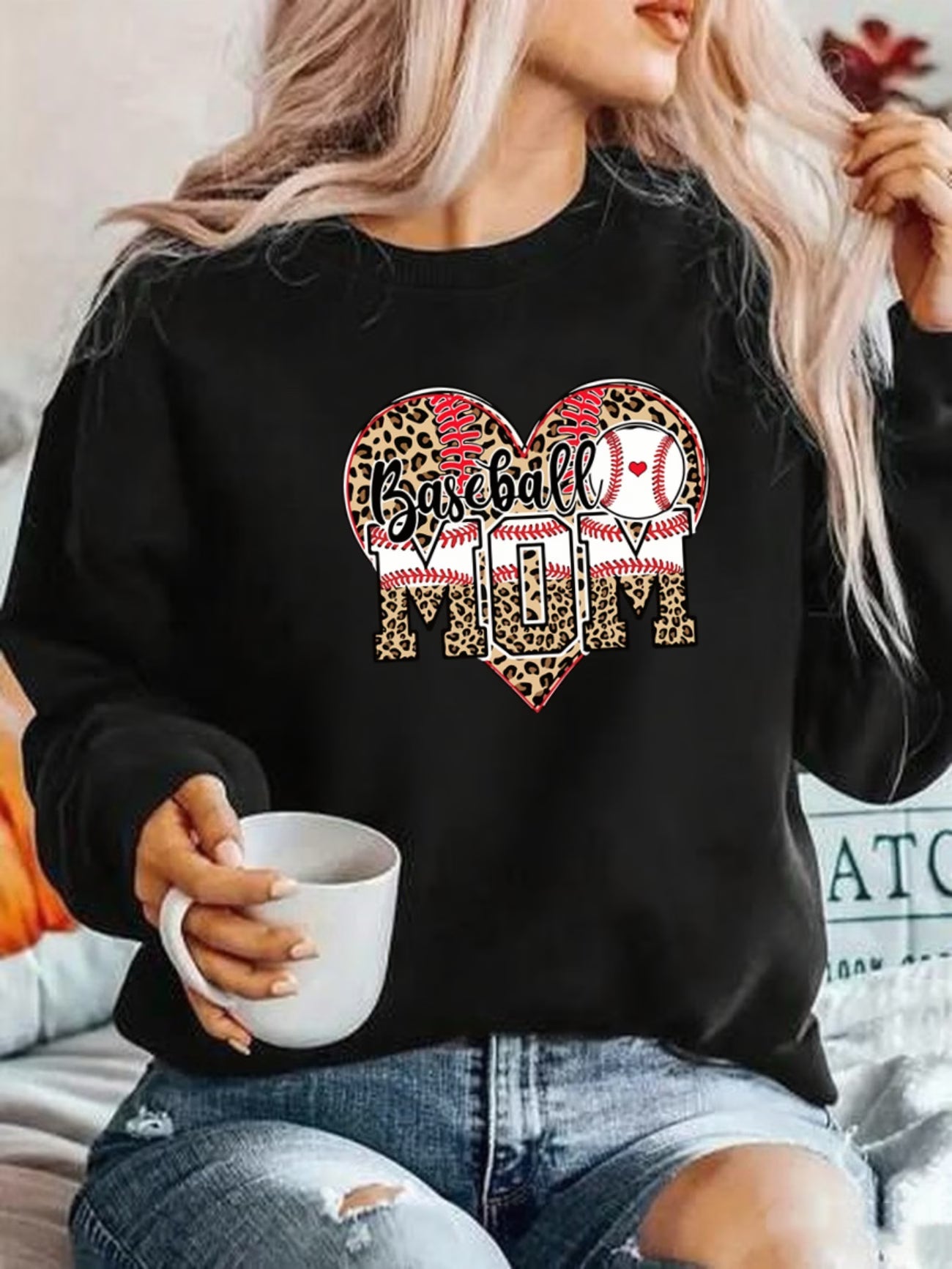 Baseball Letter Pattern Printed Fashion Round Neck Sweater