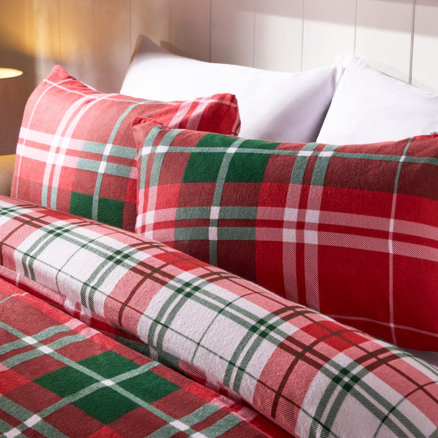 Traditional Christmas Check Brushed Cotton Duvet Cover Set - Red