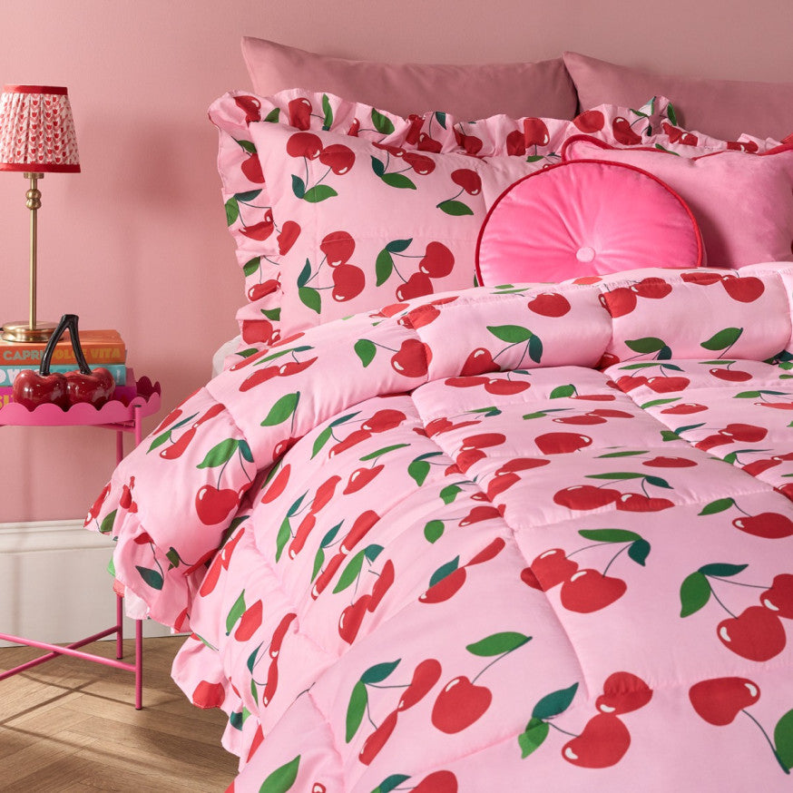 Cherry Print Frill Edge Coverless 7.5 Tog Duvet Set - Pink/Red
