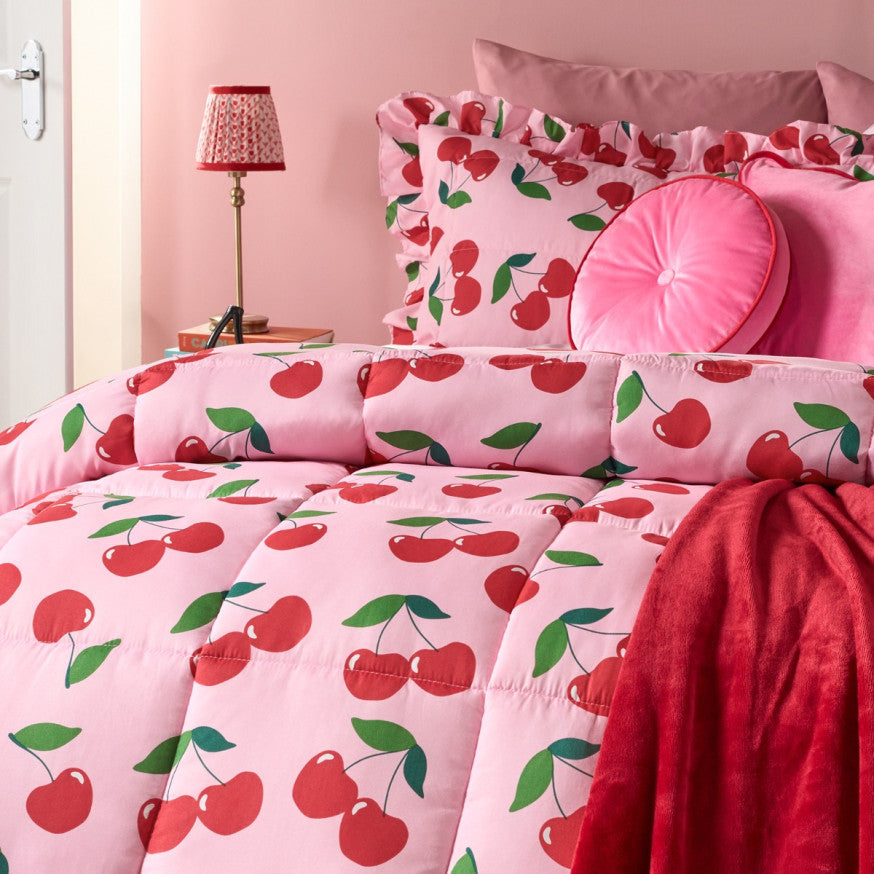 Cherry Print Frill Edge Coverless 7.5 Tog Duvet Set - Pink/Red