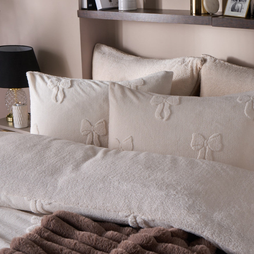 Bows Tufted Teddy Fleece Duvet Cover Set - Ivory