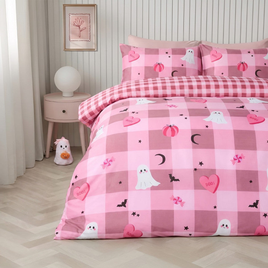 Halloween Gingham Reversible Duvet Cover Set - Pink