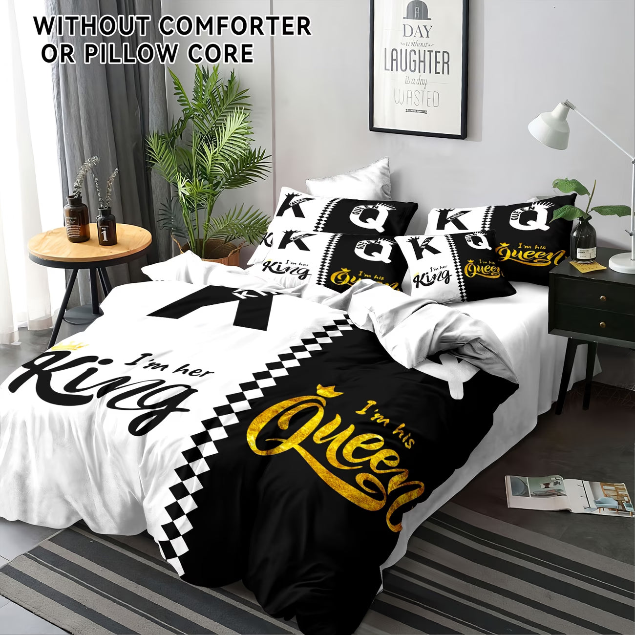Valentine's Day Crown Print Duvet Cover Set – 3pcs, Black & Grey Design (Insert Not Included)