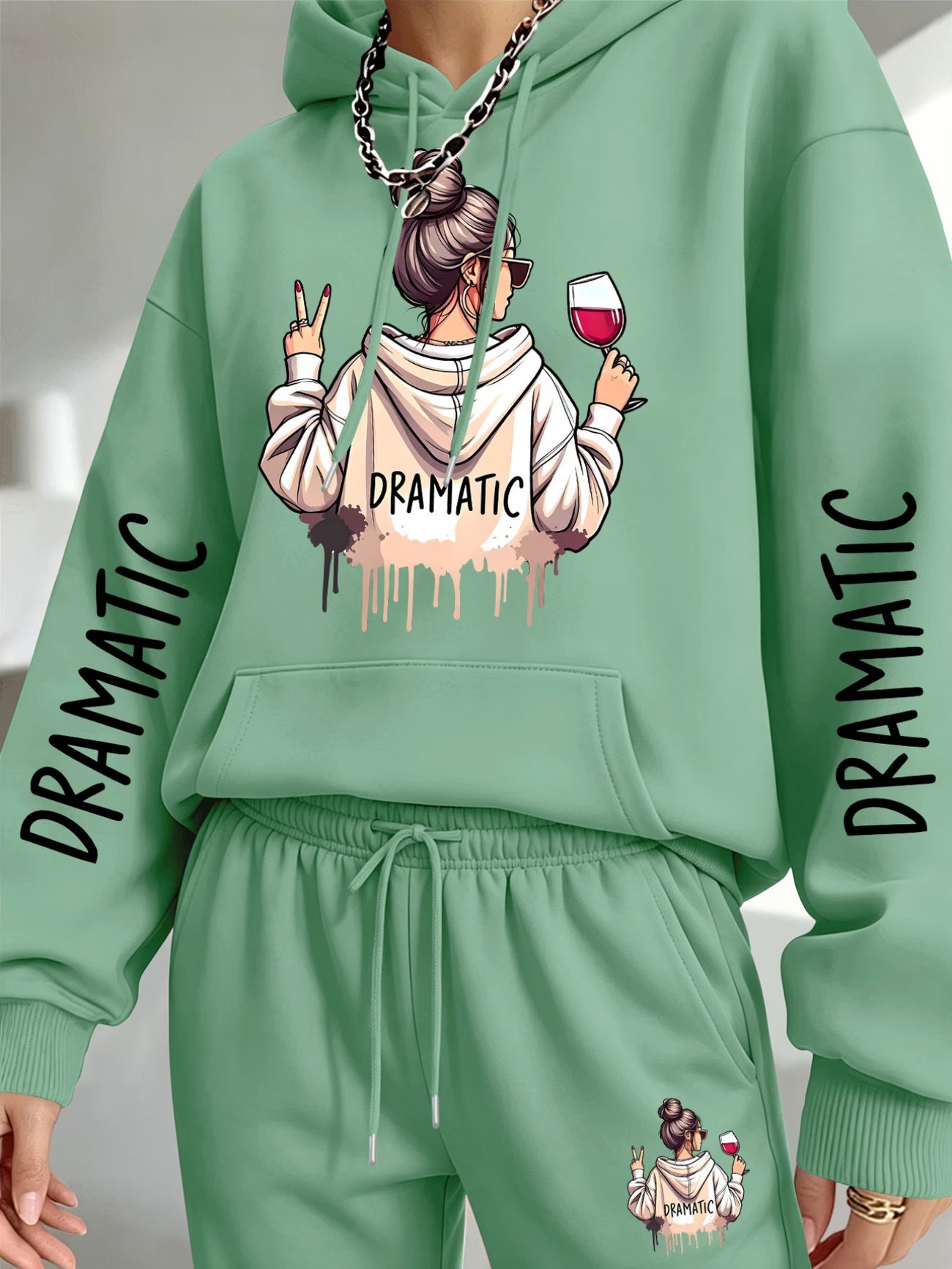 Dramatic Woman Red Wine Graphic Hooded Sweatshirt & Sweatpants Set