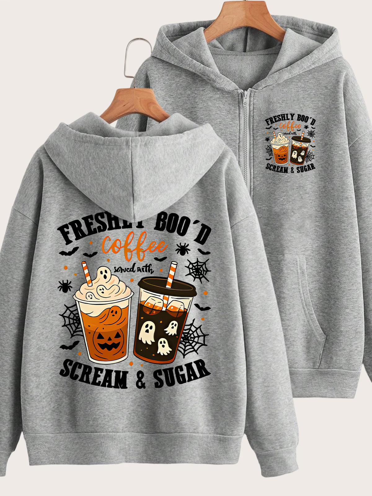Halloween Fun Pattern Print Y2K Zip-Up Hoodie | Loose Casual Outerwear