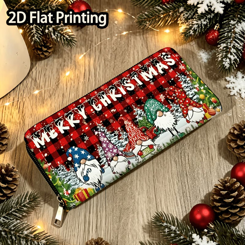 Plaid Christmas Gnome Long Zip Wallet with Card Slots