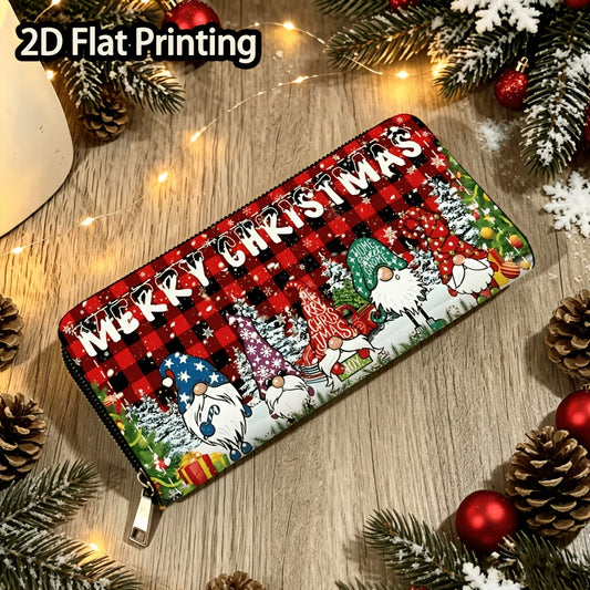 Plaid Christmas Gnome Long Zip Wallet with Card Slots