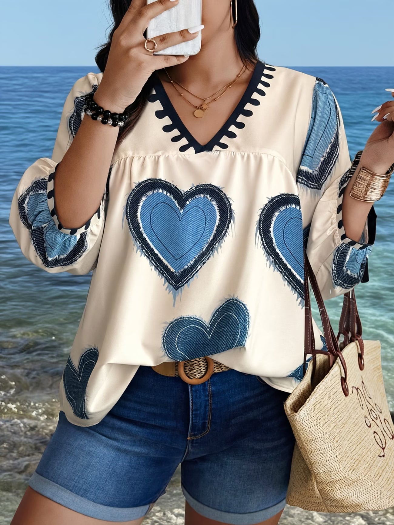Women's V-Neck Heart Print Mid-Sleeve Blouse