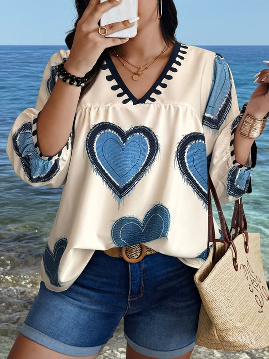 Women's V-Neck Heart Print Mid-Sleeve Blouse