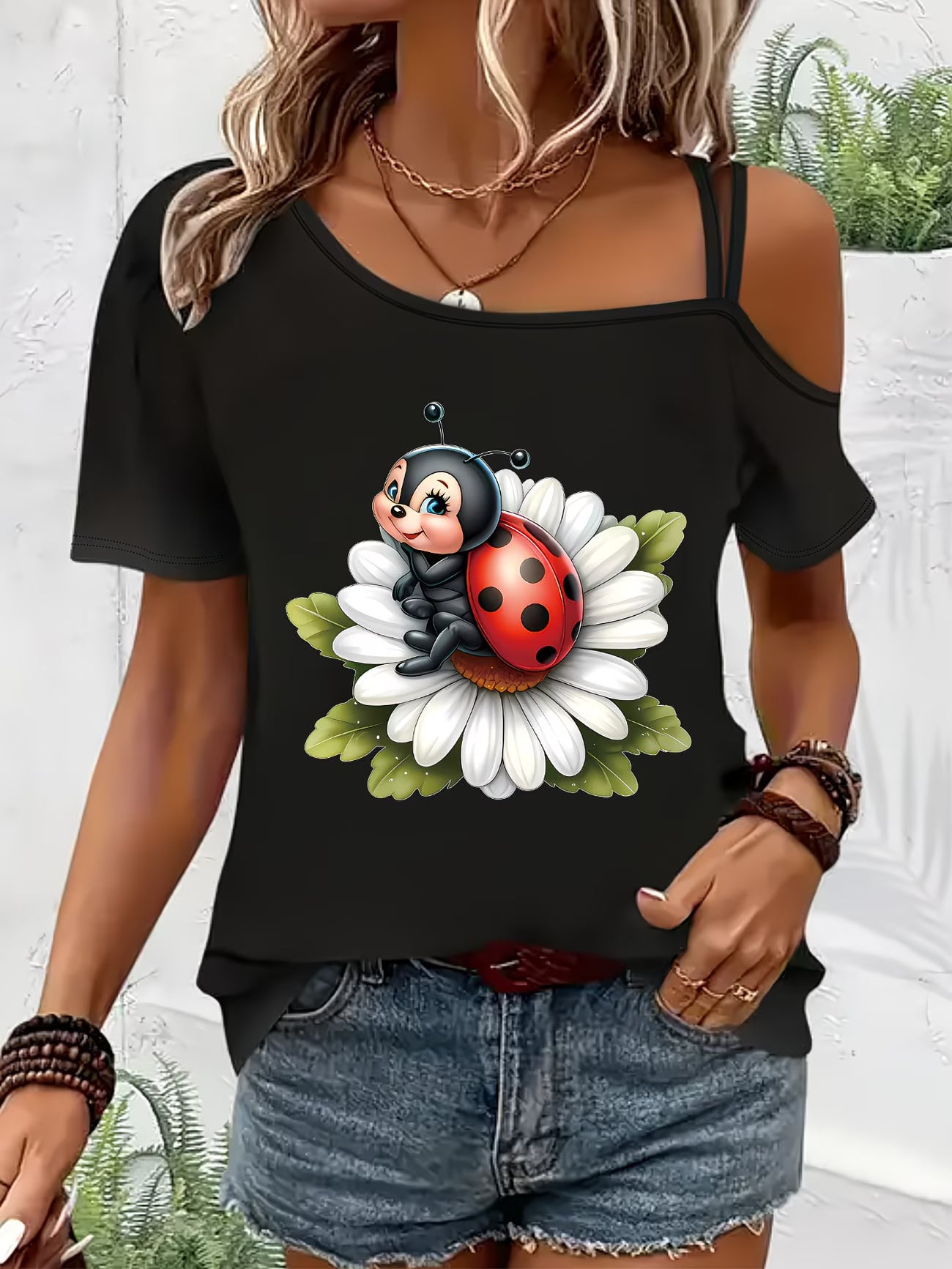 Ladybug Print Off-Shoulder Top