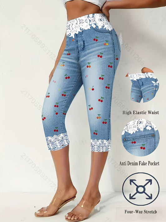 Cherry Print Capri Pants | Stretch, Non-Denim