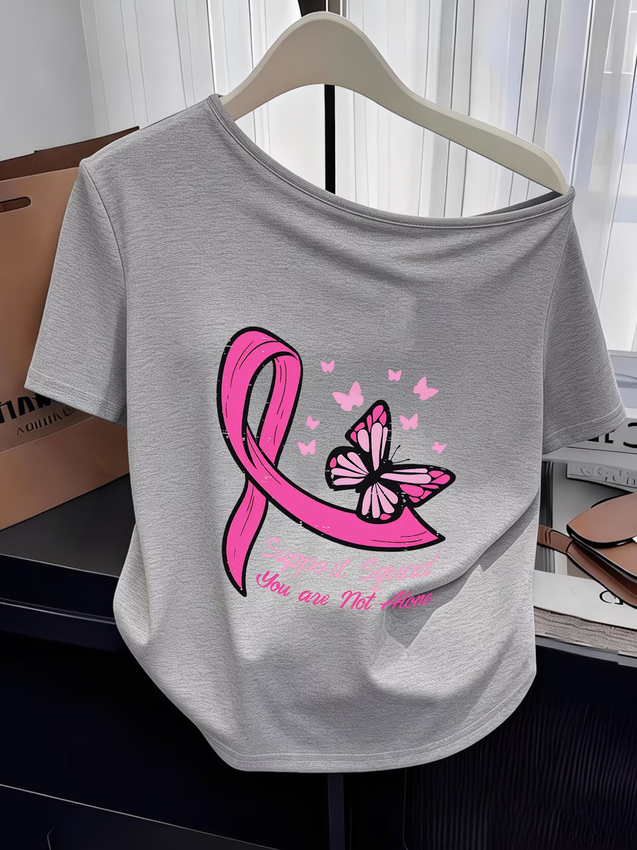 Women's Y2K Off-Shoulder Tee – Pink Ribbon & Butterfly Print