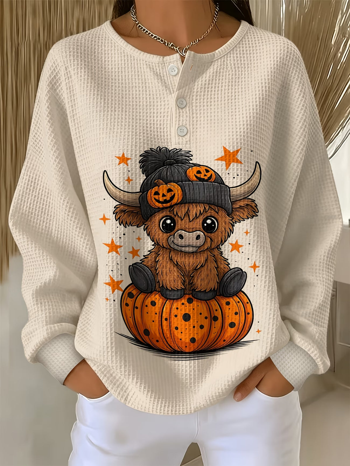 Women’s Halloween Sweatshirt with Cute Cow & Pumpkin Print