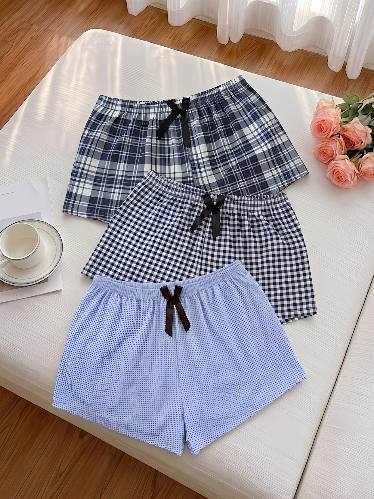 Plaid Bow Micro-Elastic Comfortable Loose 3-Piece Set