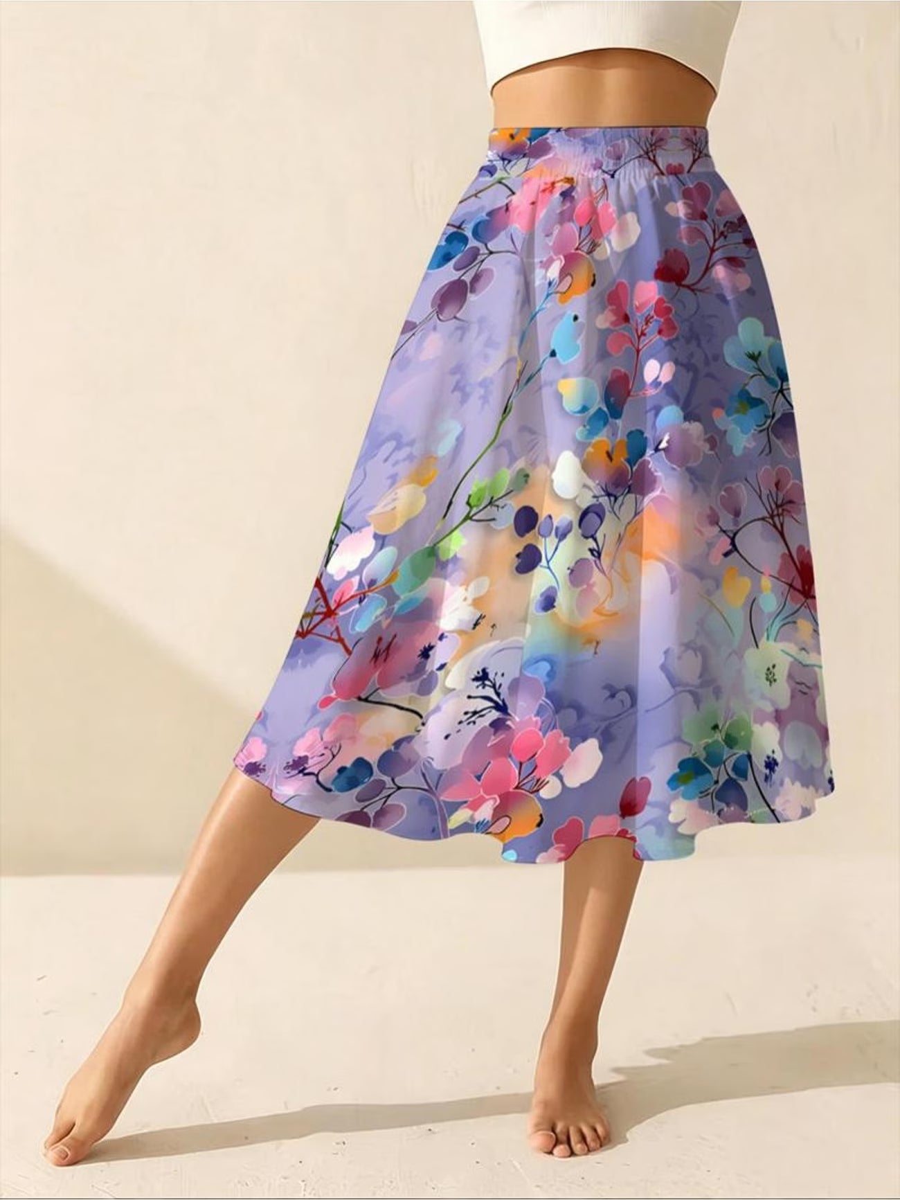 Women's Fashion Midi Skirt – Vibrant Abstract Floral Print