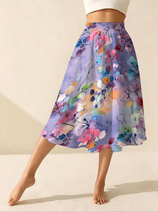 Women's Fashion Midi Skirt – Vibrant Abstract Floral Print