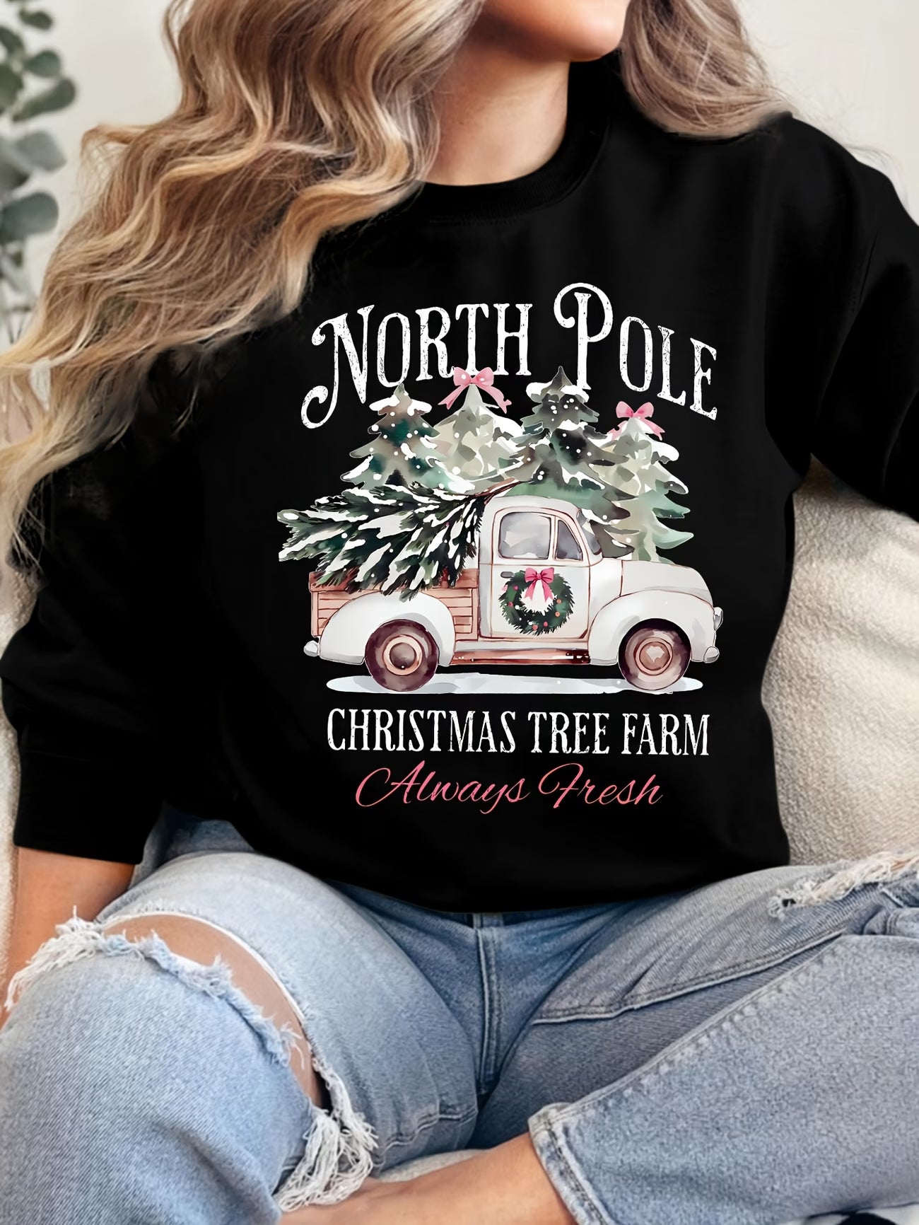 Women's North Pole Christmas Tree Farm Print Sweatshirt