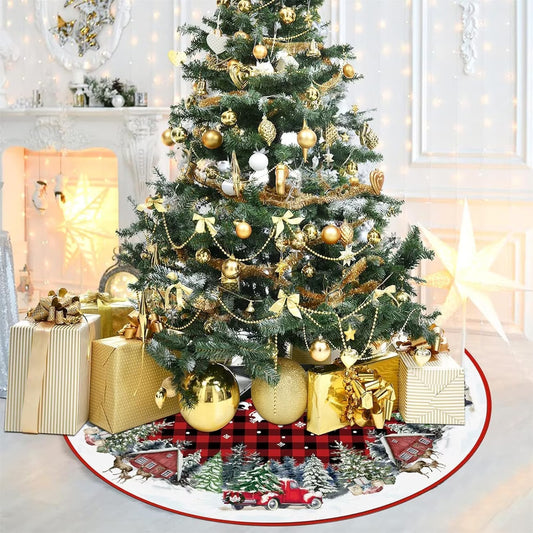Christmas Tree Skirt Set of 2 | Red Buffalo Plaid & Vintage Truck Design | 60cm & 90cm Winter Xmas Decoration