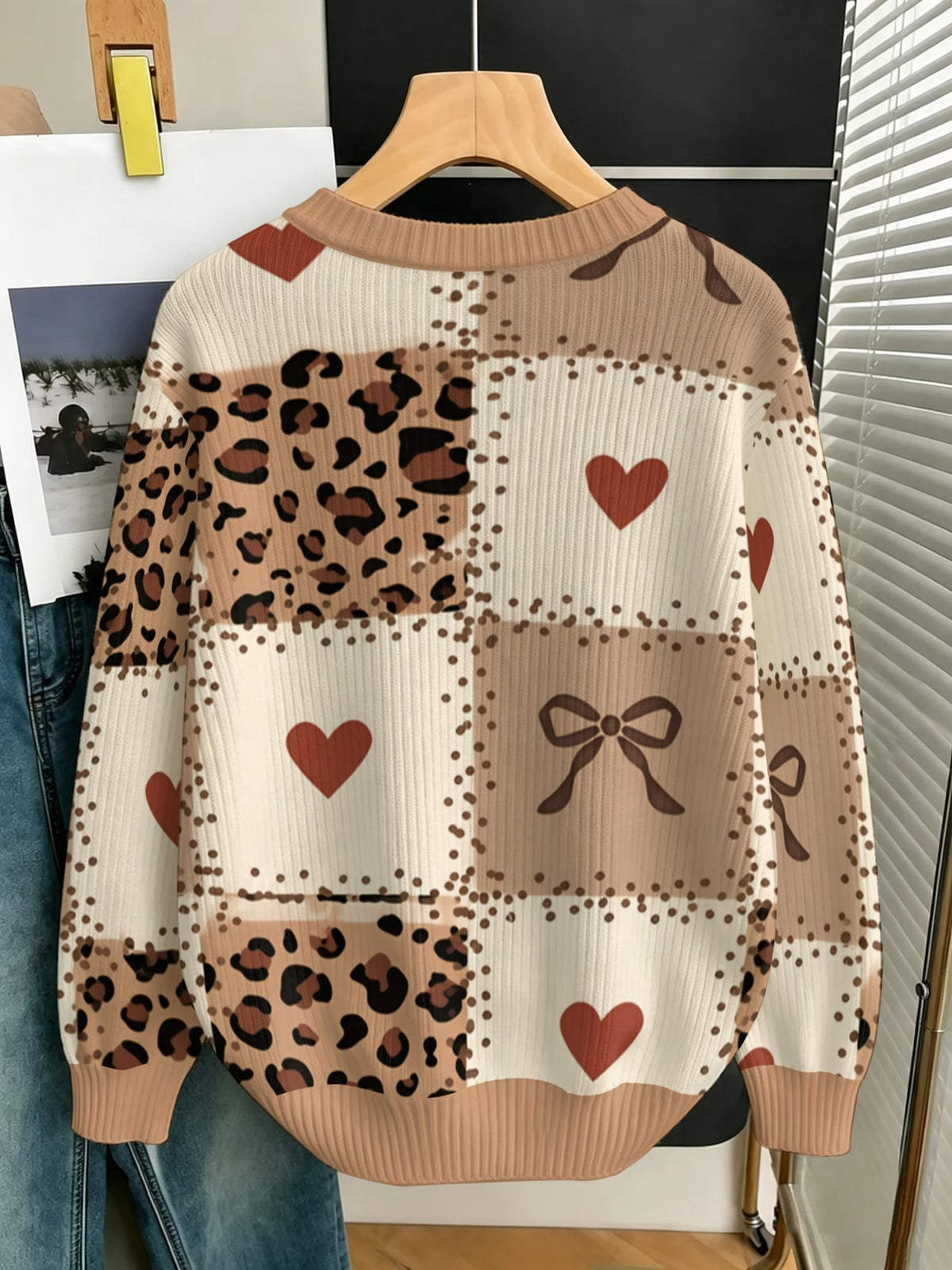 Women's Checkered Leopard Print Heart & Bow Sweater