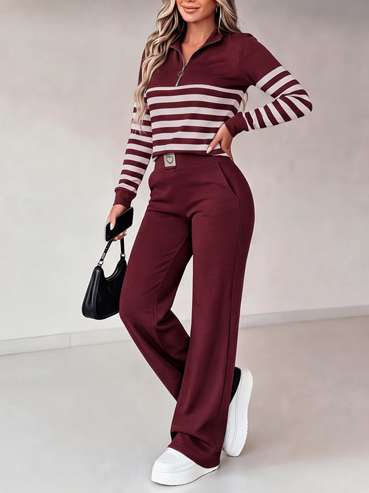 Women’s Striped Patchwork Top & Slim-Fit Trousers Set
