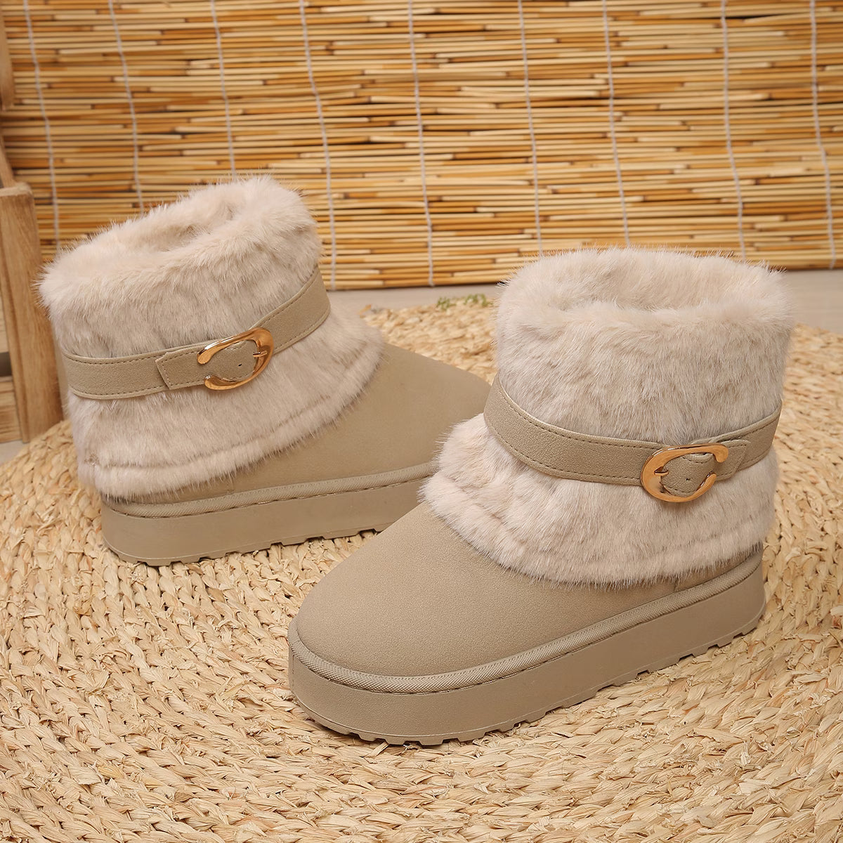 Women's Fuzzy-Lined Ankle Boots with Decorative Buckle