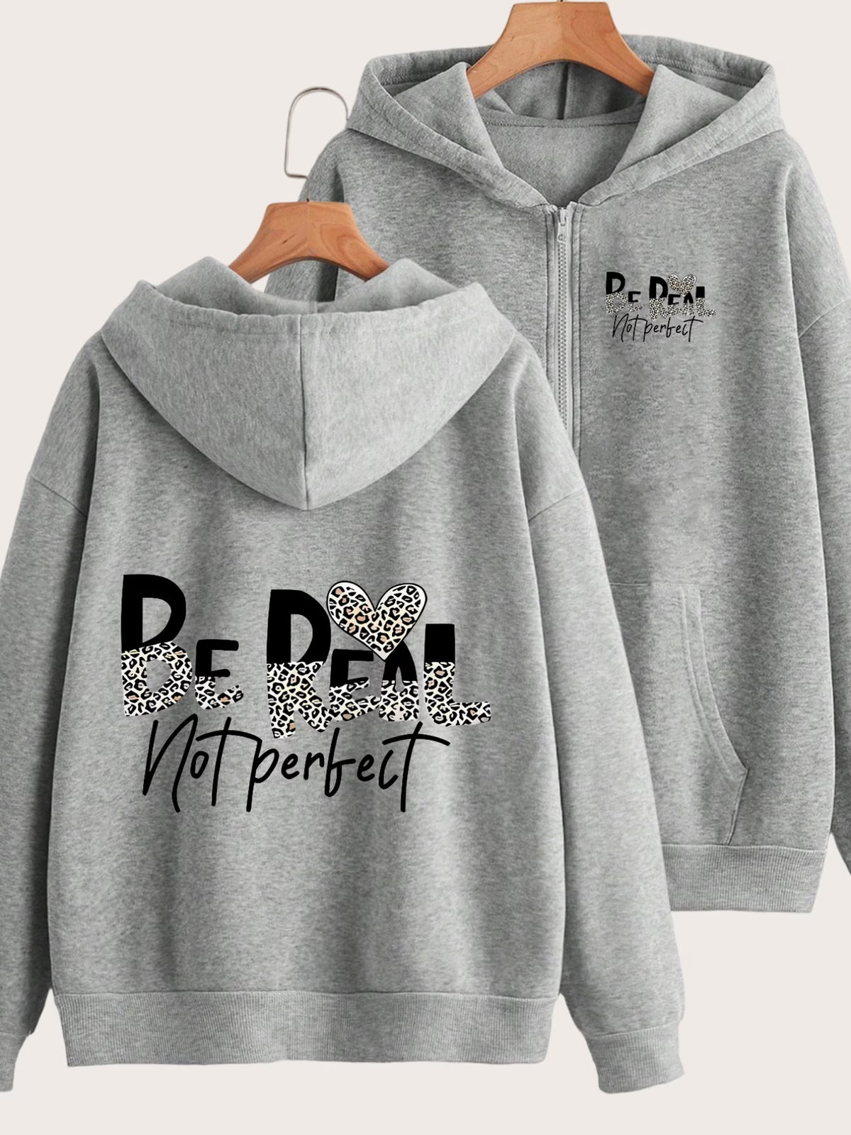 Leopard Heart "Be Real Not Perfect" 2-Pattern Print Y2K Zip-Up Hoodie