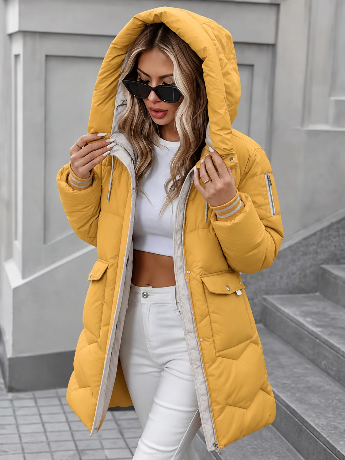 Women's Mid-Length Hooded Puffer Coat – Oversized Quilted Winter Parka