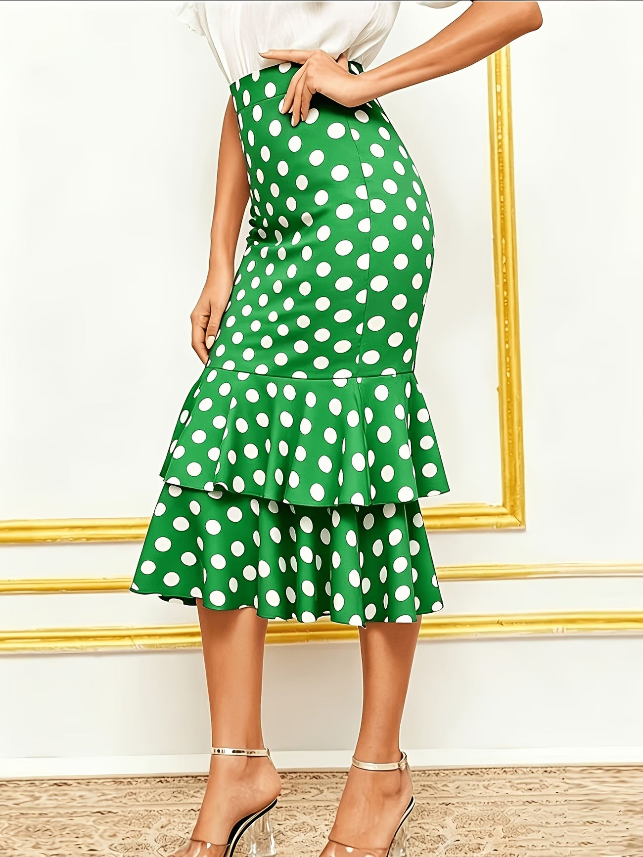 Polka Dot Tiered Fishtail Skirt with Ruffled Hem & Elastic Waistband