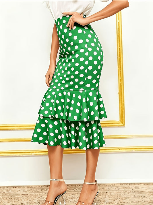 Polka Dot Tiered Fishtail Skirt with Ruffled Hem & Elastic Waistband