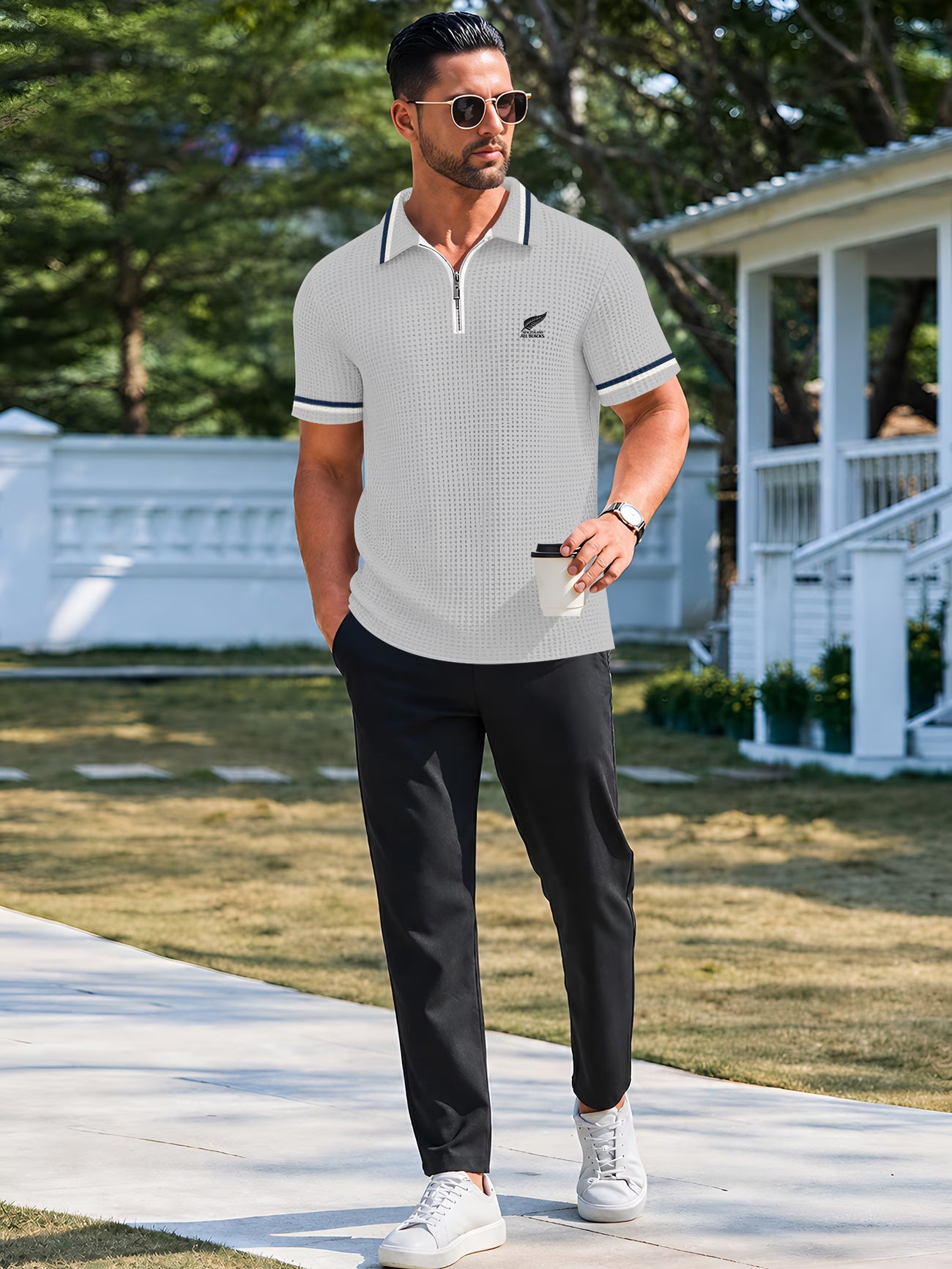 Men's Waffle-Knit Quarter-Zip Polo Shirt