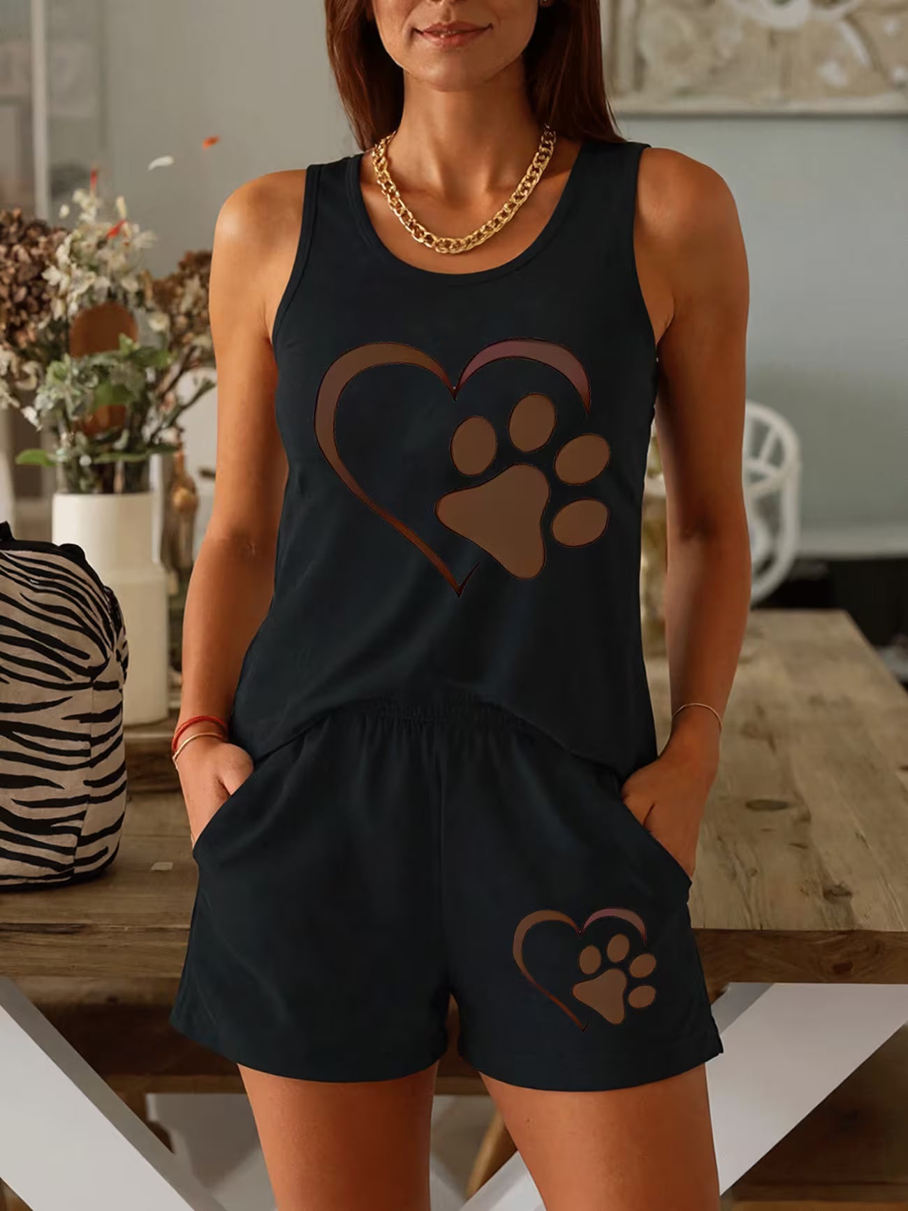 Heart Paw Print Co-Ord Set — Sleeveless Tank Top & Shorts
