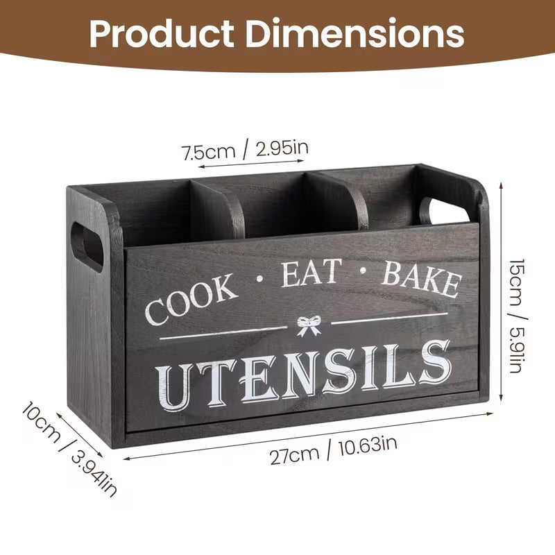 3-Compartment Wooden Kitchen Utensil Holder – Countertop Organiser