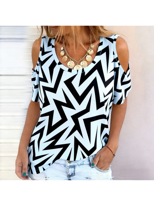 Canyon Zigzag Off-Shoulder Top – Contrast Western Loose Short Sleeve T-Shirt