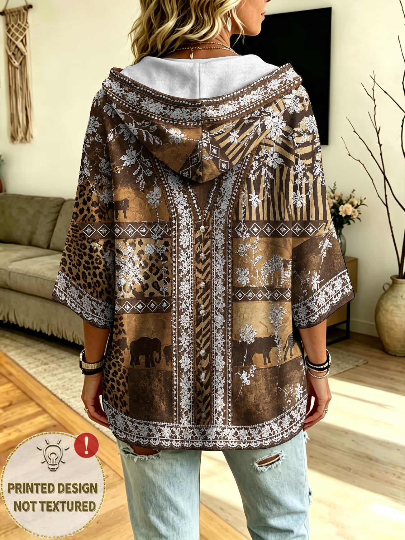 Plus Size African Print Hooded Sweatshirt – Leopard & Elephant Patchwork with Wood Buttons