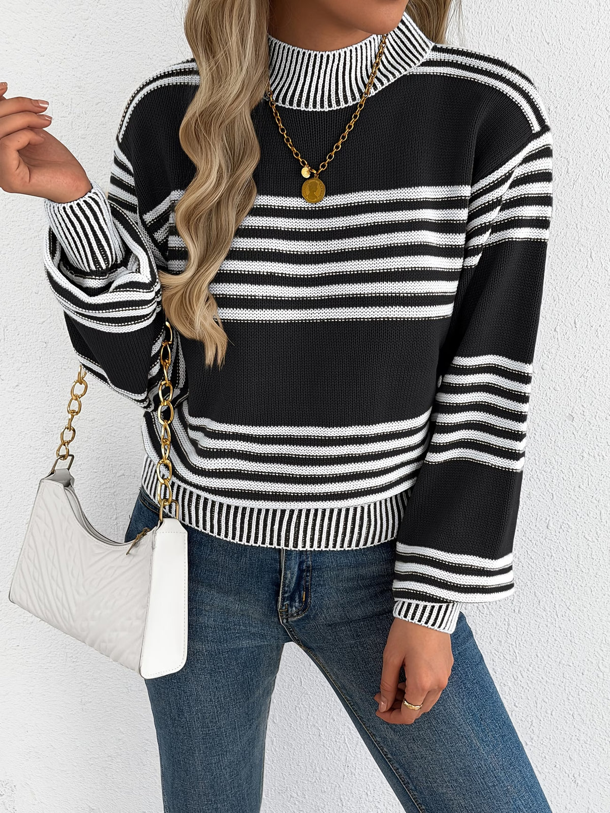 Contrast Stripe Lantern Sleeve Pullover Sweater
