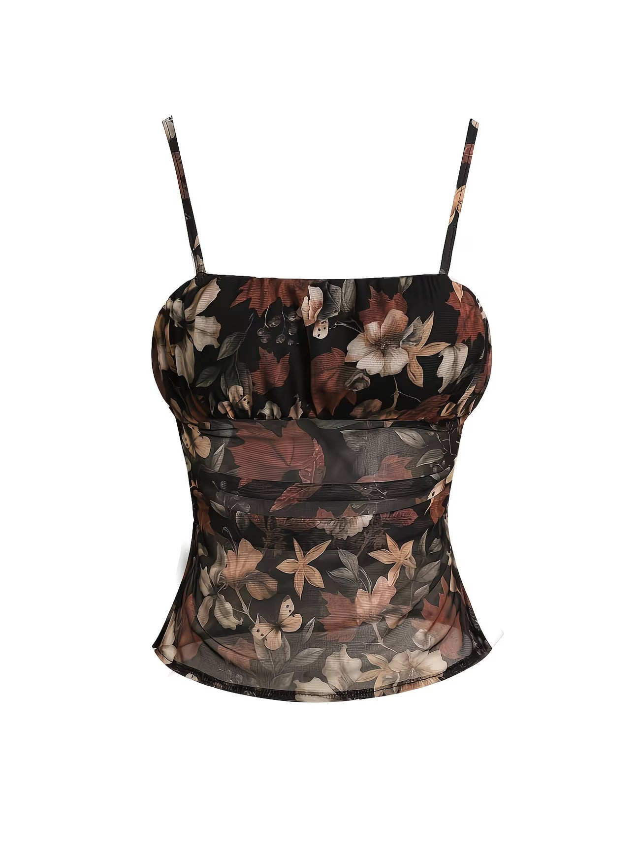 Floral Print Mesh Camisole with Chest Pleats