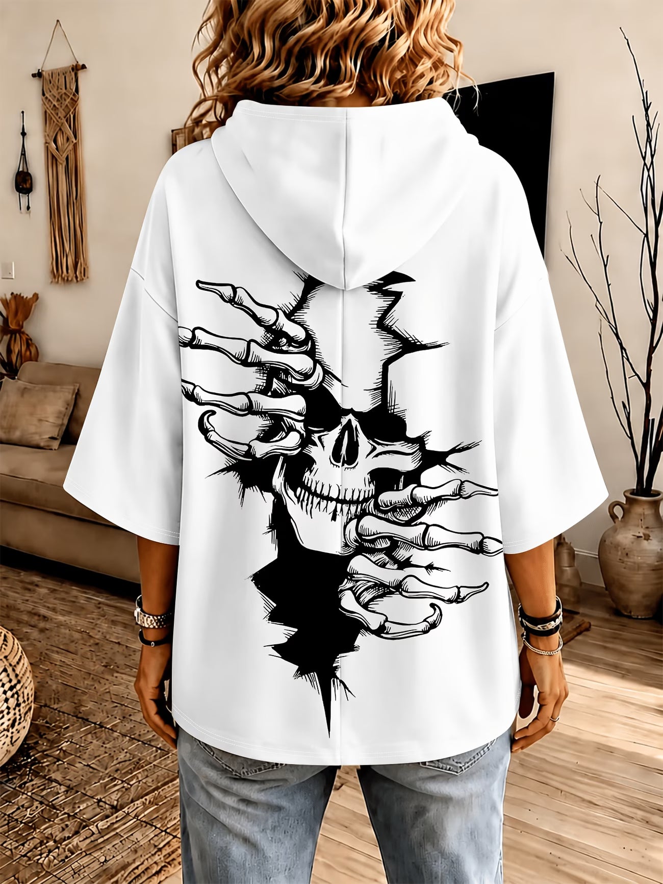 Halloween Skull Ripped Print Three-Quarter Sleeve Hoodie
