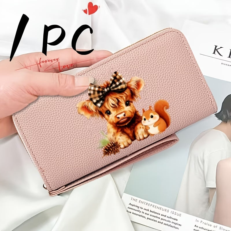 Women's Highland Cow & Squirrel Print Zip Card Holder