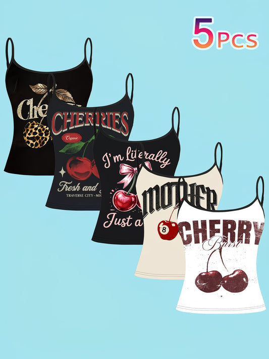 Vintage Cherry Slogan Print Camisole – 5-Piece Thin Strap Women's American Casual Top