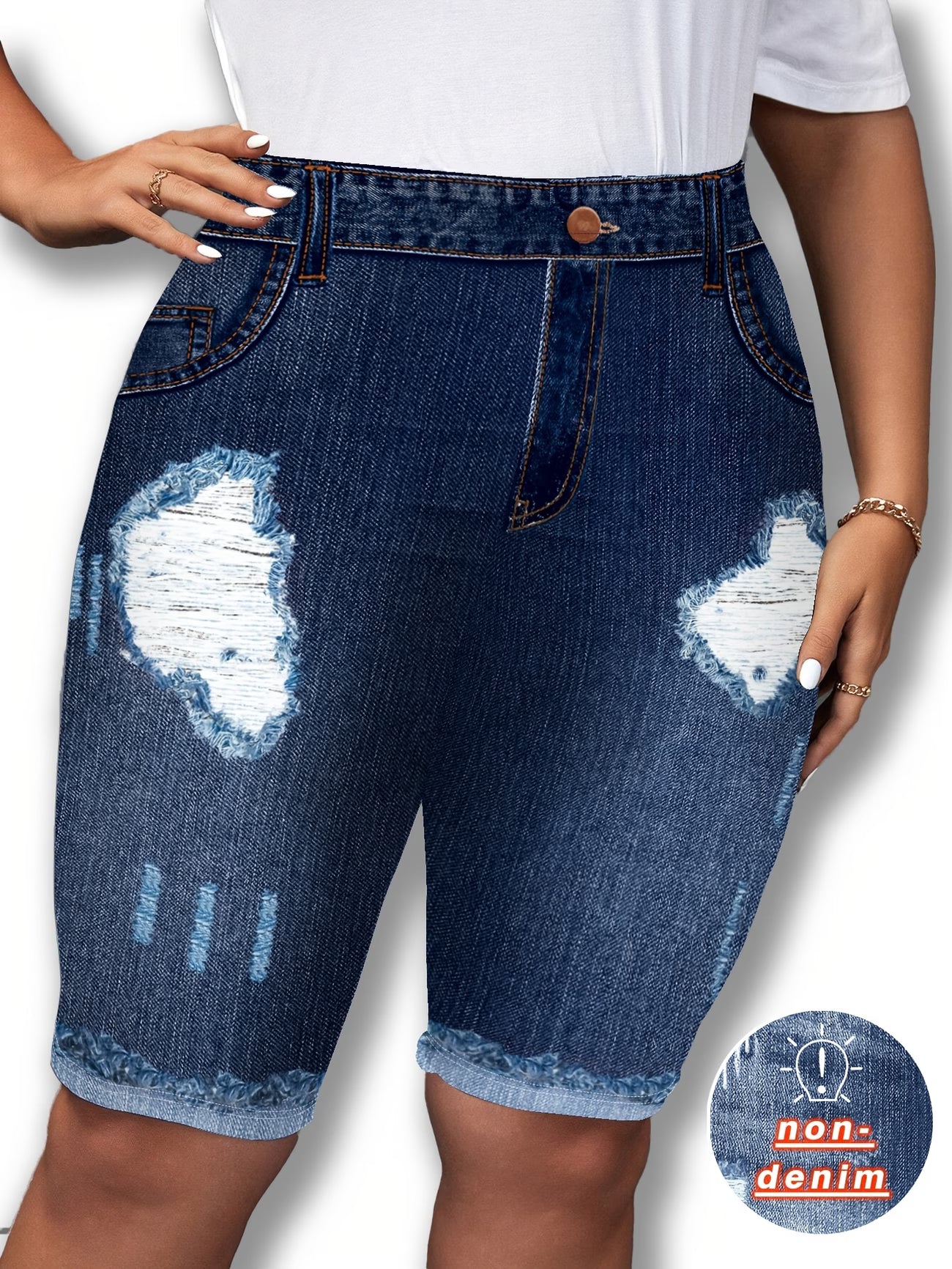 Women's Tight-Fitting Shorts — Deep Blue Faux Denim Look