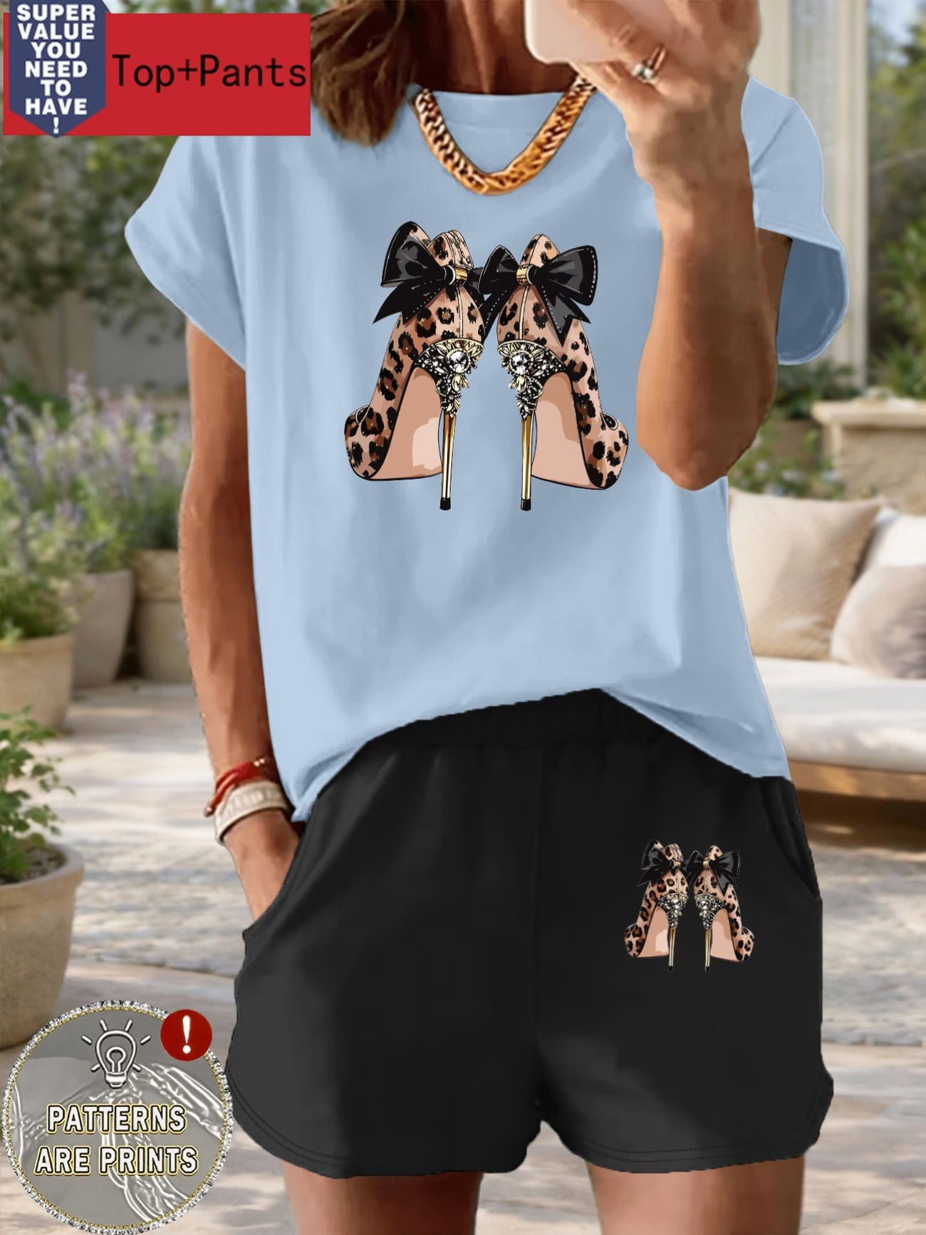 Leopard & High Heels Print Two-Piece Set – Bow & Letter Pattern Tee & High-Waist Shorts